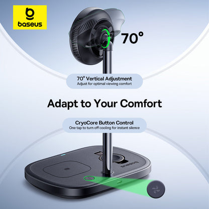 Baseus car fan with 70-degree vertical adjustment and cryo core button control on a light blue background.