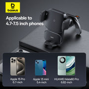 Phone holder with compatibility for 4.7-7.5 inch phones on a dark background, featuring Baseus branding.