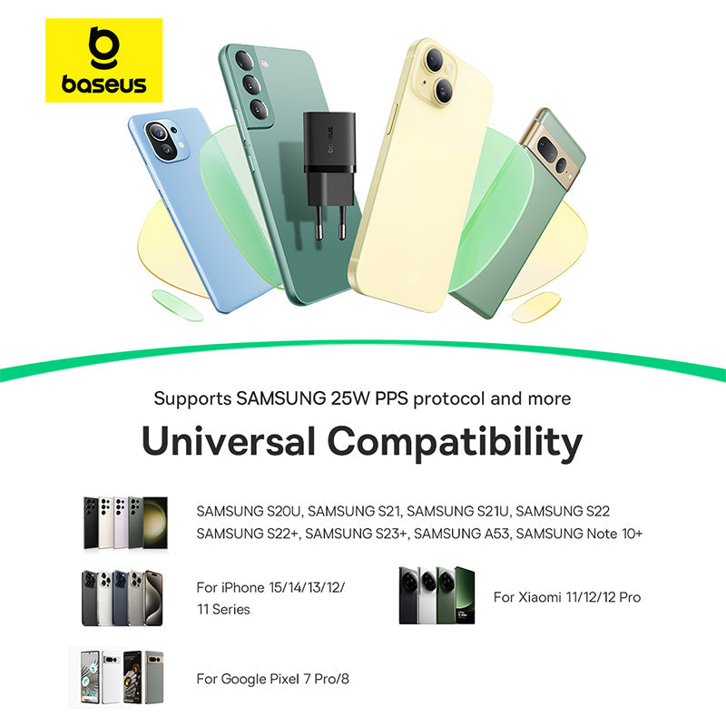 Baseus charger with multiple smartphone models on a white background