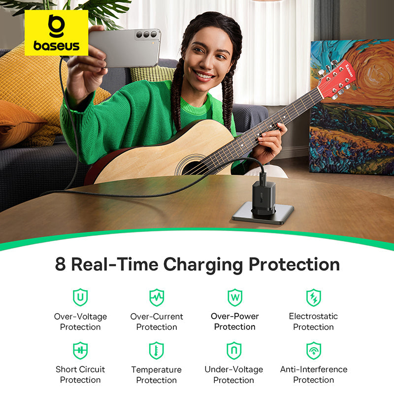 Person playing guitar with a smartphone, Baseus logo visible, text about real-time charging protection.