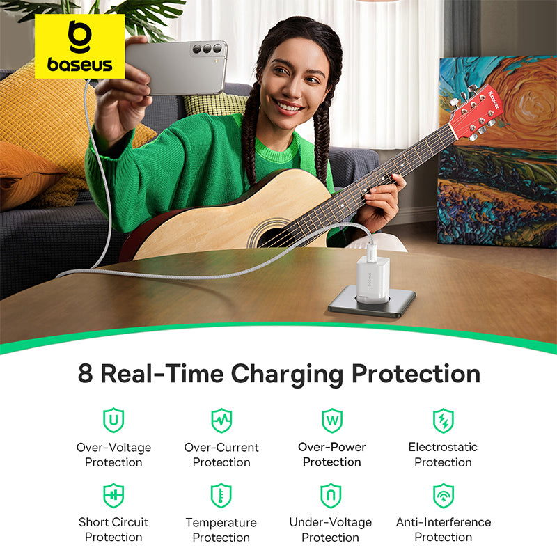 Woman playing guitar with a smartphone, baseus logo visible, text about charging protection.