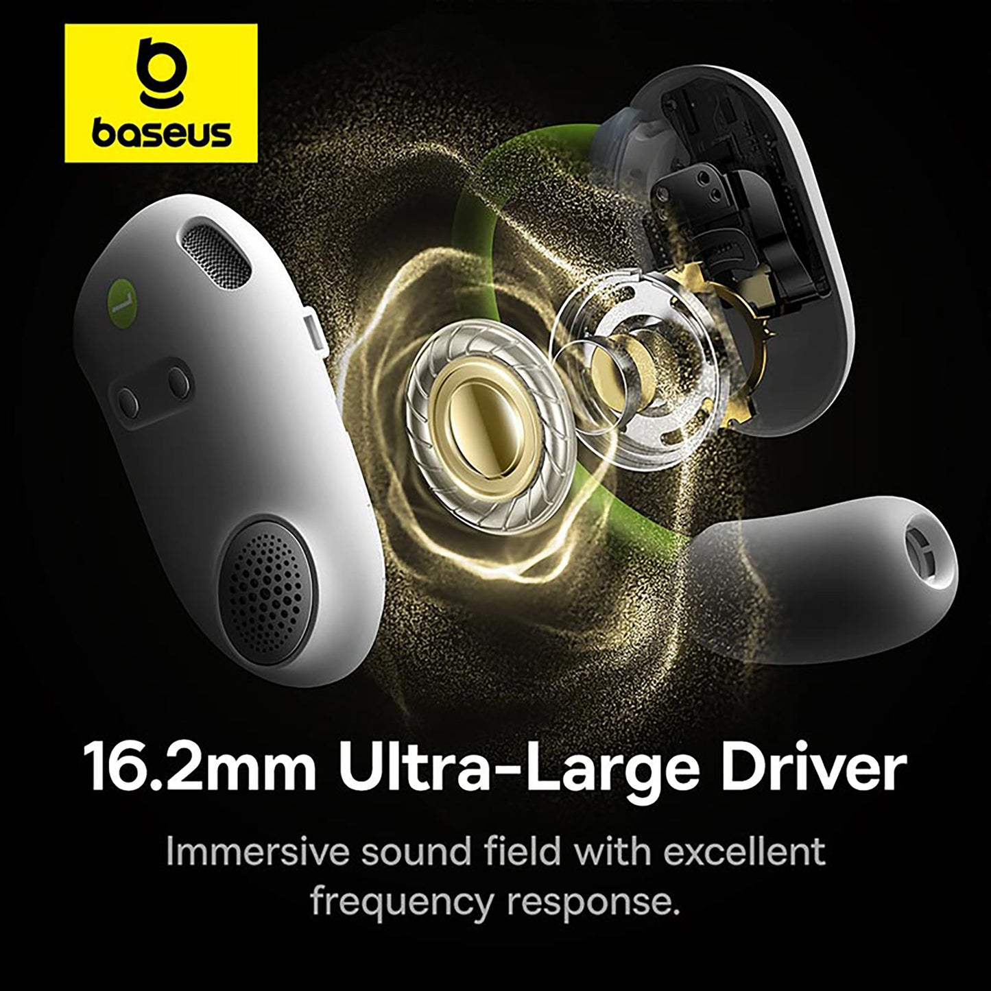 Baseus earbud with 16.2mm ultra-large driver on a black background