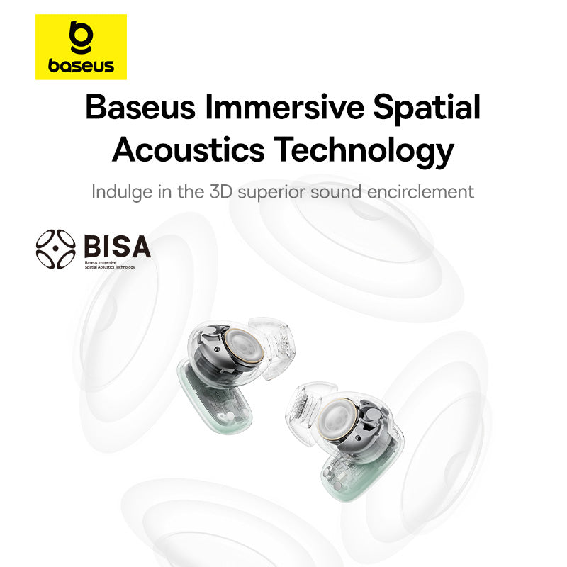 Baseus earbuds with text about immersive spatial acoustics technology on a white background
