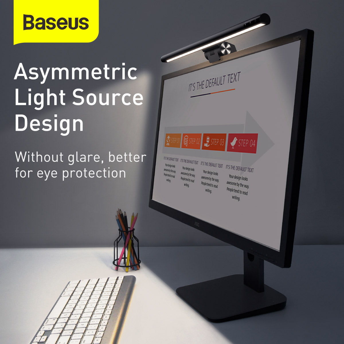 Baseus asymmetric light source design on a computer screen with keyboard and stationery.