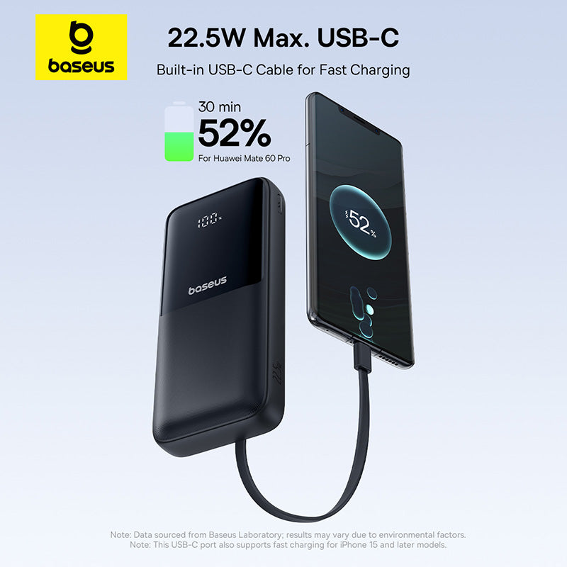 Baseus power bank with USB-C cable charging a smartphone on a light blue background