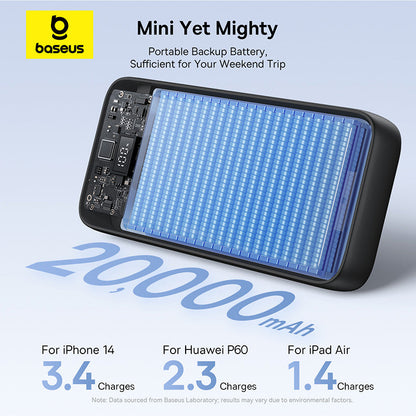 Baseus portable backup battery with specifications on a light blue background