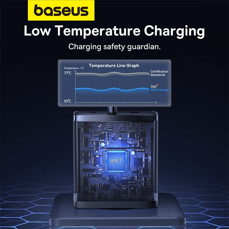 Baseus low temperature charging device with temperature line graph on a dark background