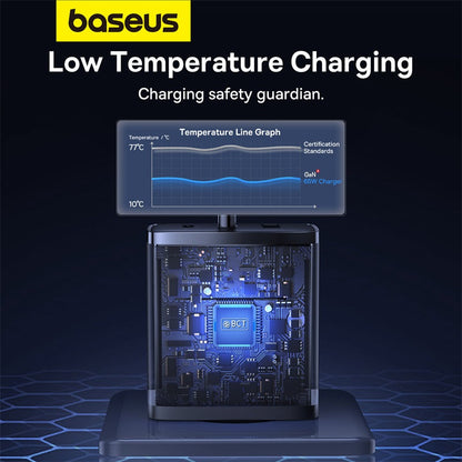 Baseus low temperature charging device with temperature line graph on a dark background