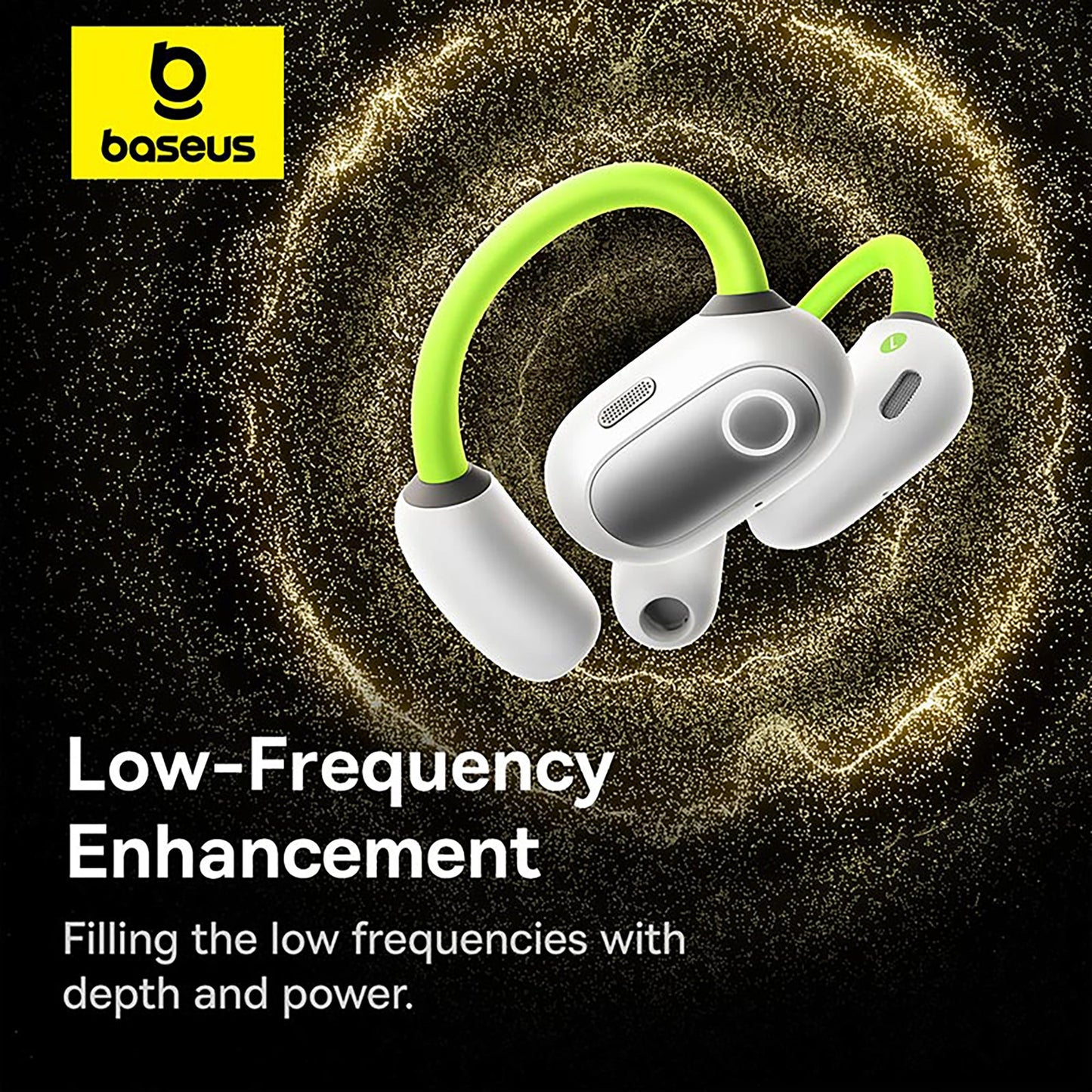 Baseus wireless earbuds with green accents on a dark background, featuring text about low-frequency enhancement.