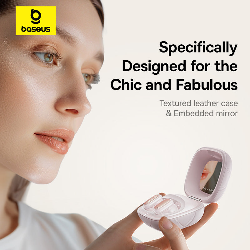 Woman holding a textured leather case with an embedded mirror, featuring the baseus brand.