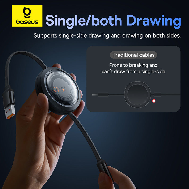 Baseus cable with a hand holding it, showing its design and features.