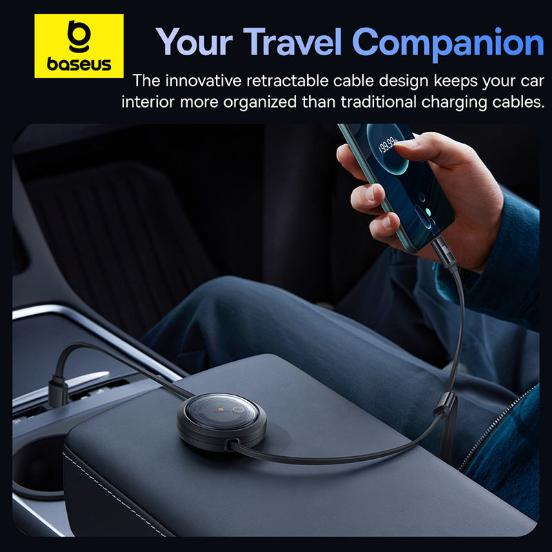 Baseus retractable cable being used in a car with text highlighting its travel companion feature.