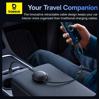 Baseus retractable cable being used in a car with text highlighting its travel companion feature.