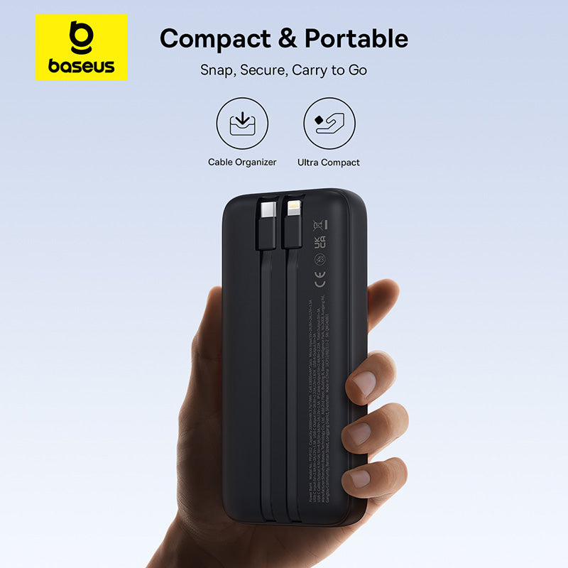 Baseus power bank held in a hand with product features highlighted on a light blue background