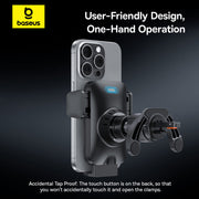 Phone holder with baseus branding on a dark background
