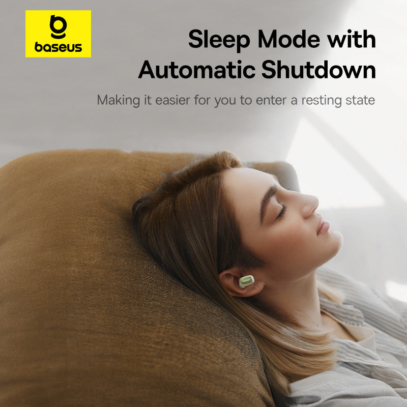 Person lying down with eyes closed, wearing earphones, with 'baseus' logo and text about sleep mode and automatic shutdown.