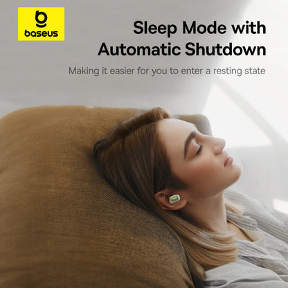 Person lying down with eyes closed, wearing earphones, with 'baseus' logo and text about sleep mode and automatic shutdown.