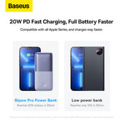 Baseus Bipow Pro Digital Display Fast Charge Power Bank 10000mAh 20W Advertisement for Baseus Bipow Pro Power Bank with charging speeds on a white background
