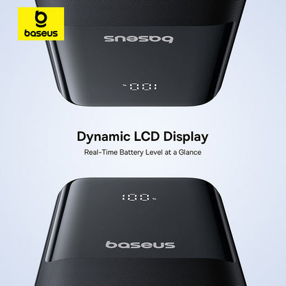 Baseus power bank with dynamic LCD display on a light blue background