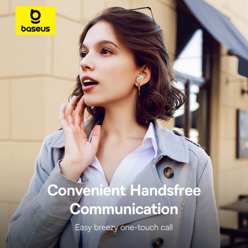 Woman using wireless earbuds with baseus branding, text 'Convenient Handsfree Communication' displayed.