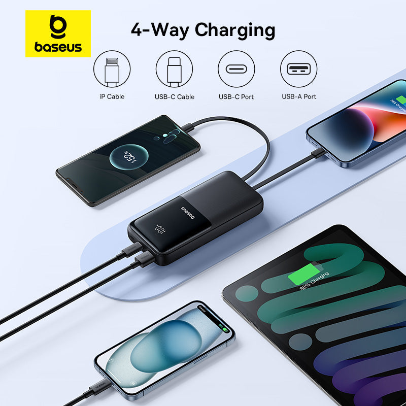 Baseus 4-way charging adapter with four devices connected on a light gray background