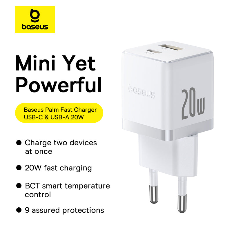 Baseus Palm Fast Charger with USB-C and USB-A ports on a white background