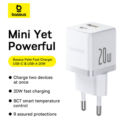 Baseus Palm Fast Charger with USB-C and USB-A ports on a white background