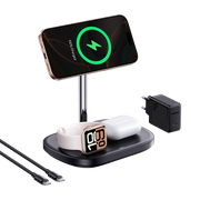 Multi-device charging stand with smartphone, smartwatch, and power adapter on a white background