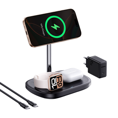 Multi-device charging stand with smartphone, smartwatch, and power adapter on a white background
