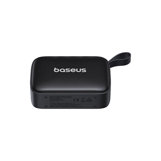 Black portable speaker with 'baseus' branding on a white background