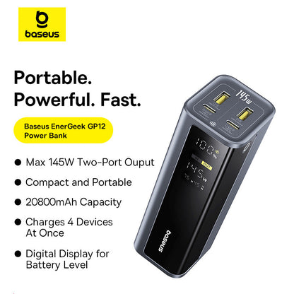 Baseus power bank with features listed on a white background