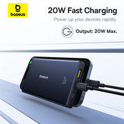 Baseus power bank with 20W fast charging capability on a white background