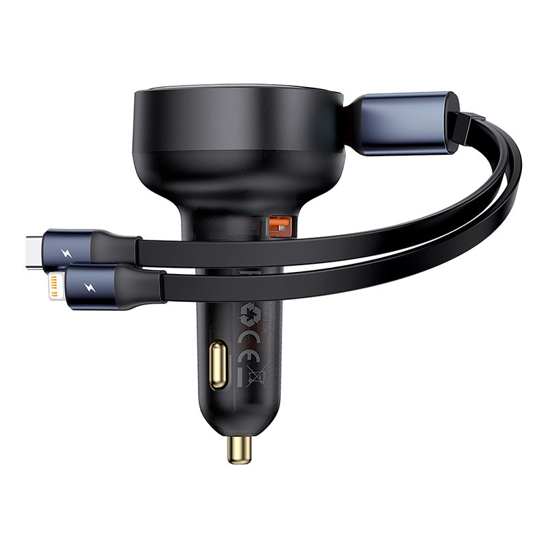 Baseus Enjoyment Pro Car Charger U+Retractable C & iP Cable 60W Cluster Black on white background