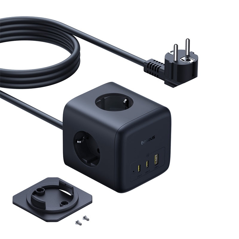 Black power adapter with multiple sockets and a cable on a white background