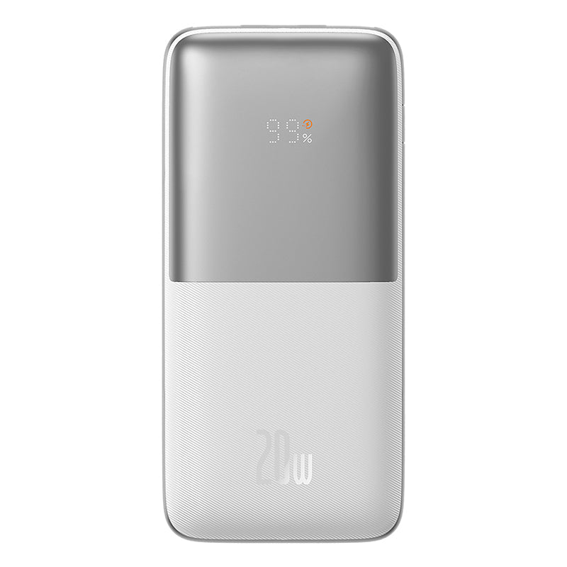 Silver and white power bank with digital display on a white background