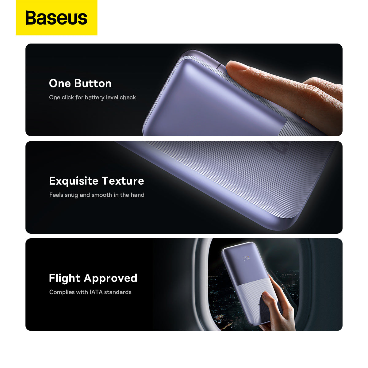 Baseus Bipow Pro Digital Display Fast Charge Power Bank 10000mAh 20W Baseus power bank with text highlighting features on a black background
