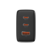 Black charging adapter with multiple ports on a white background