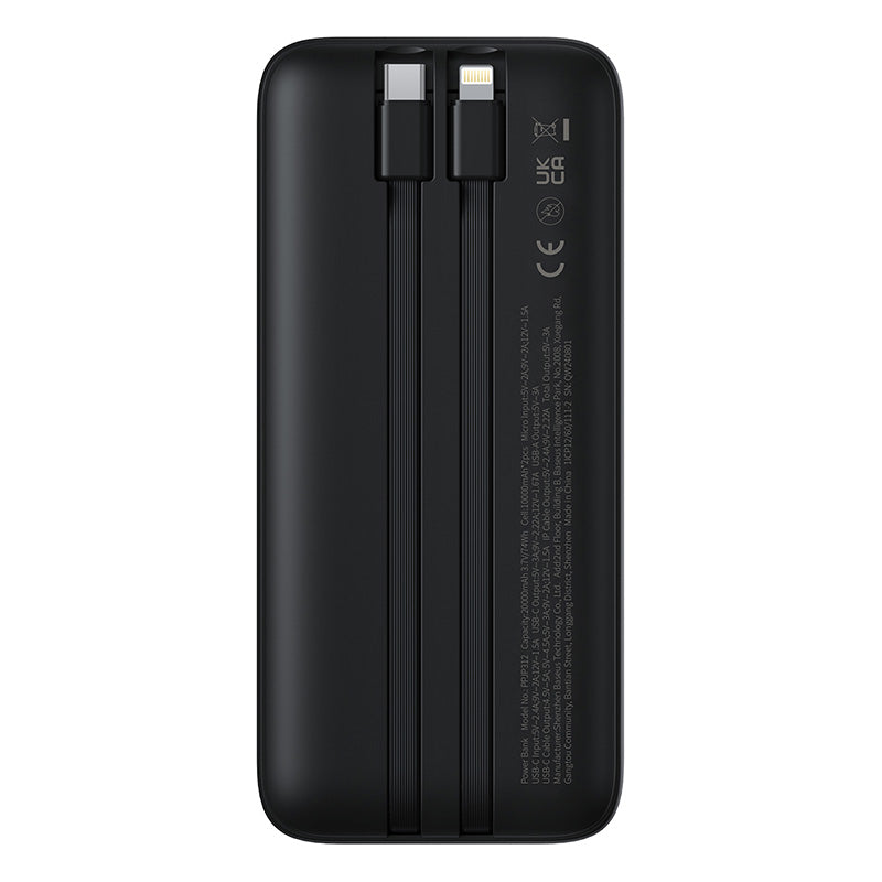 Black portable charger with USB-C and Lightning ports on a white background