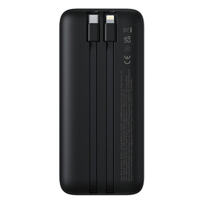 Black portable charger with USB-C and Lightning ports on a white background