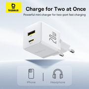 Baseus two-port fast charging adapter on a light blue background