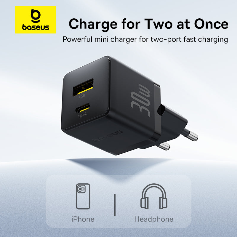 Baseus two-port mini charger with icons for iPhone and headphones on a light blue background