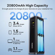 Baseus power bank with 20800mAh capacity on a blue background