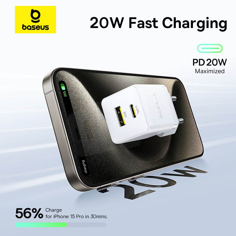 Baseus 20W fast charging adapter with USB-C and USB-A ports on a light gray background.