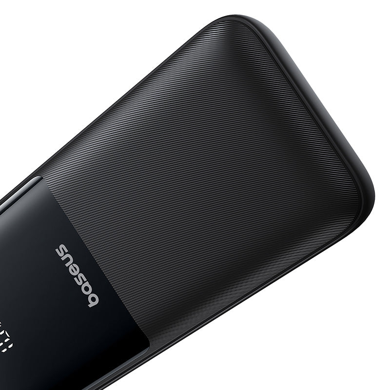 Black portable charger with brand logo on a white background