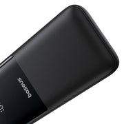 Black portable charger with brand logo on a white background