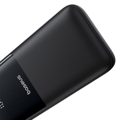 Black portable charger with brand logo on a white background