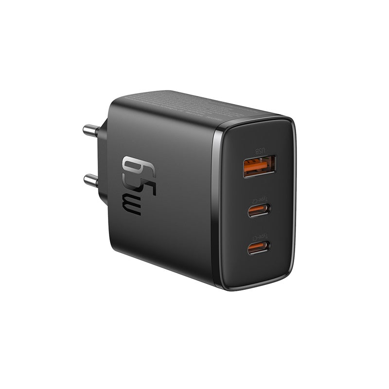 Black power adapter with multiple USB ports on a white background