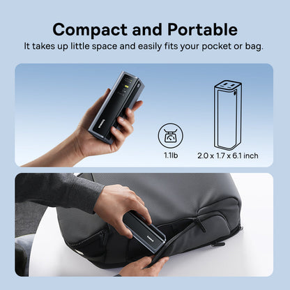 Compact power bank being held and placed in a bag with text highlighting its portability.