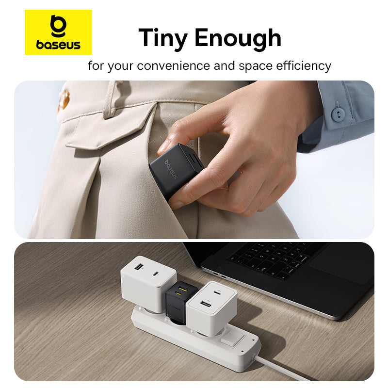 Baseus power adapter being held and used with a laptop on a desk, emphasizing convenience and space efficiency.