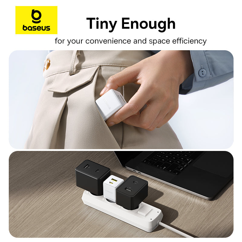 Baseus power adapter being held and used on a desk with text about convenience and space efficiency.